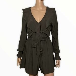 Le Lis Ruffled Romper Long Sleeves Waist Tie Olive Shorts Size S